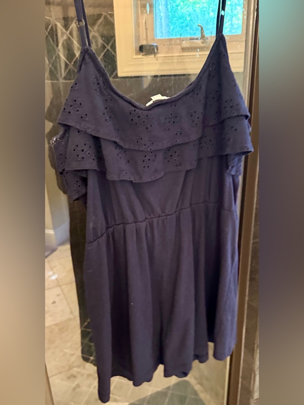 Navy Blue Ruffle Eyelet Romper - Picture 3 of 4